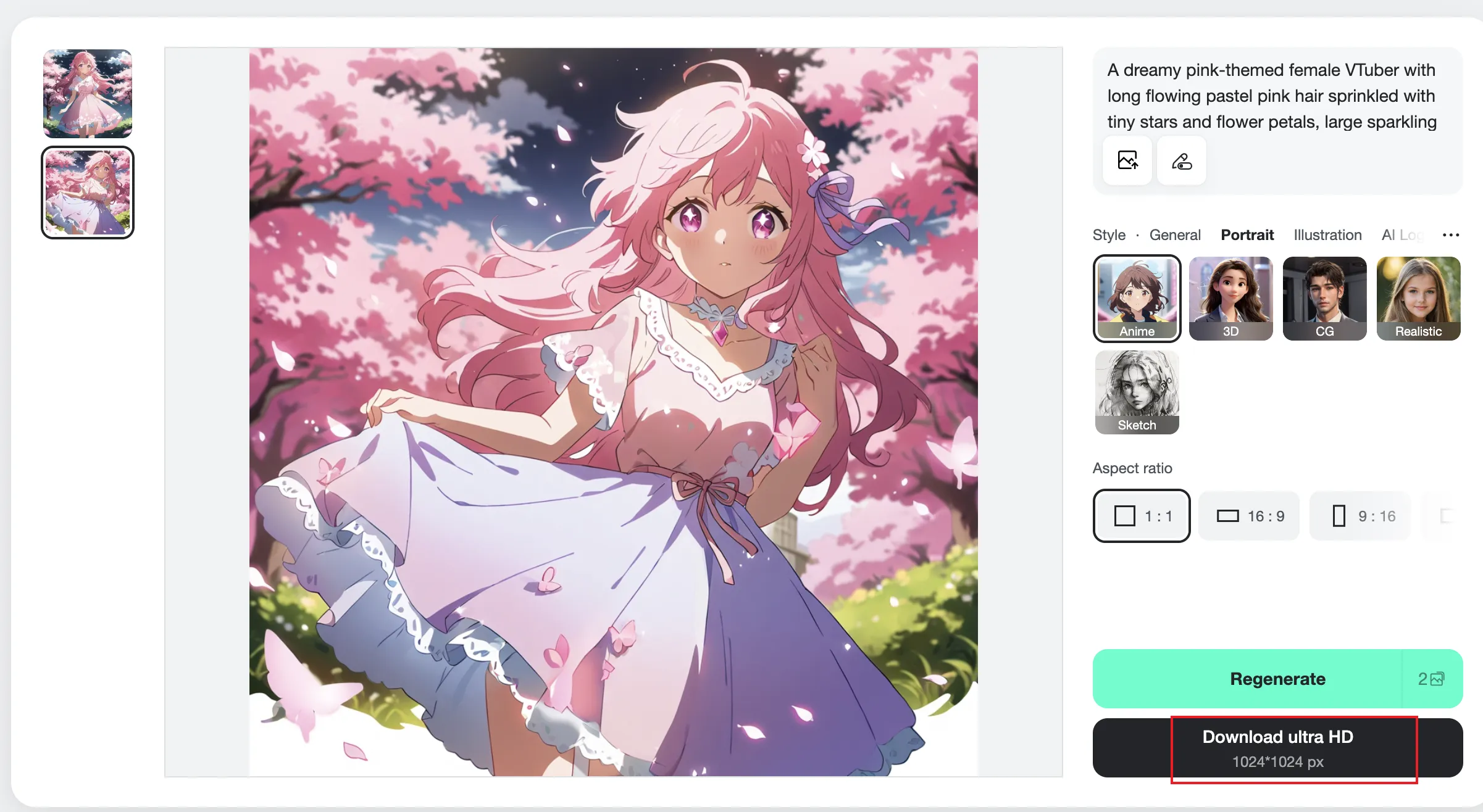 Download your completed VTuber avatar and get ready to start streaming. User downloading the finished VTuber avatar from insMind after generating it, ready for use in streaming or content creation.