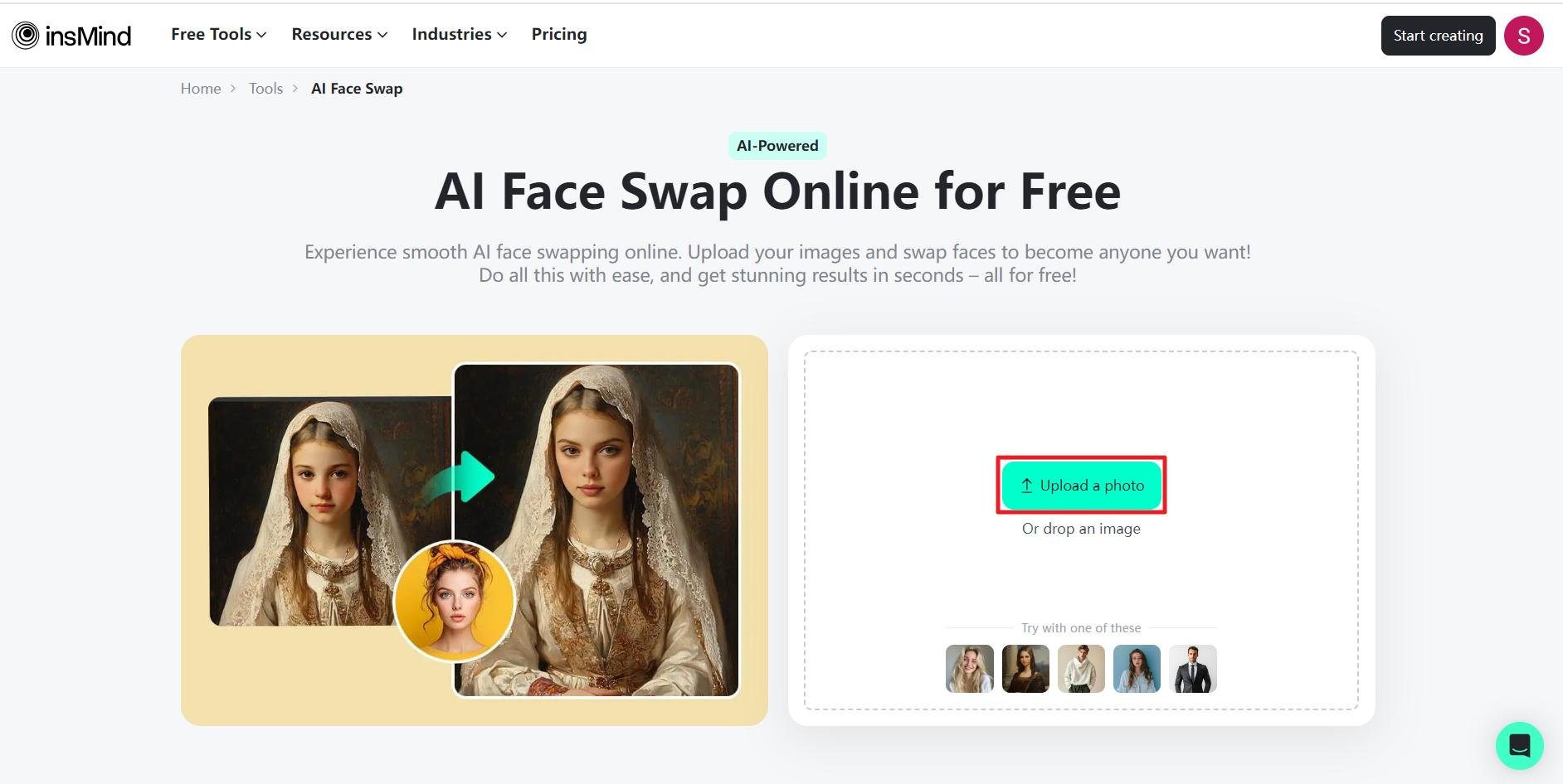 Screenshot of insMind's Face Swapping tool page - Best Free Face Swap Apps