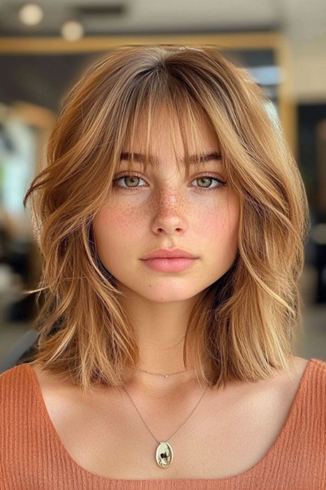 Try the trendy shaggy long bob with soft bangs for a stylish 2025 transformation.