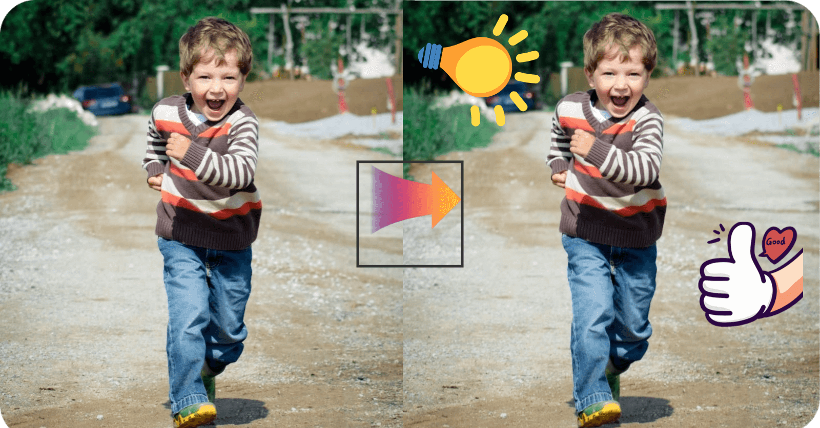 Demonstration image showing a photo before and after using the AI Sticker Maker tool