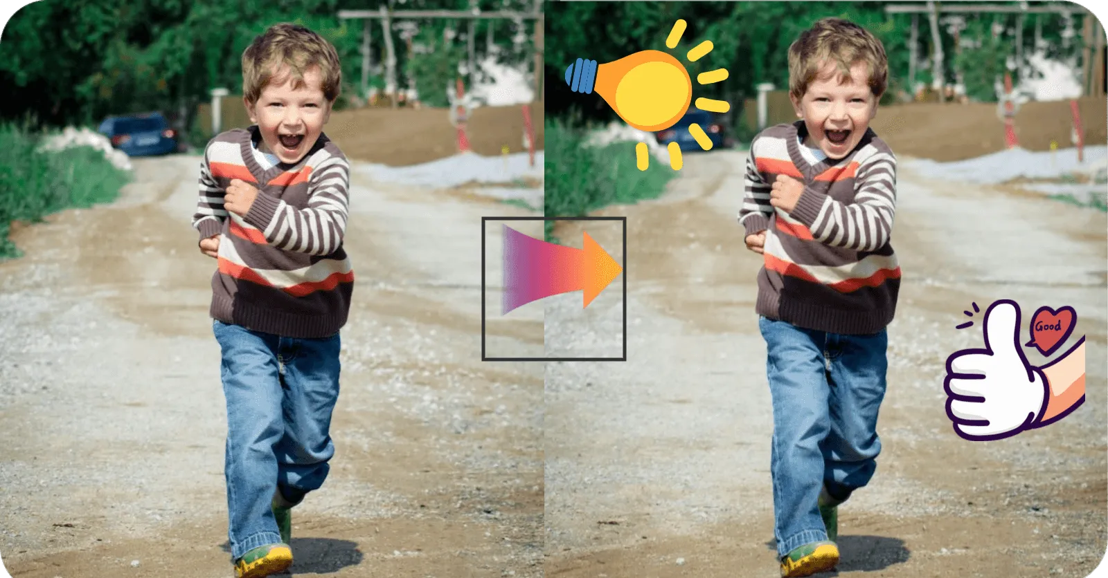 Demonstration image showing a photo before and after using the AI Sticker Maker tool