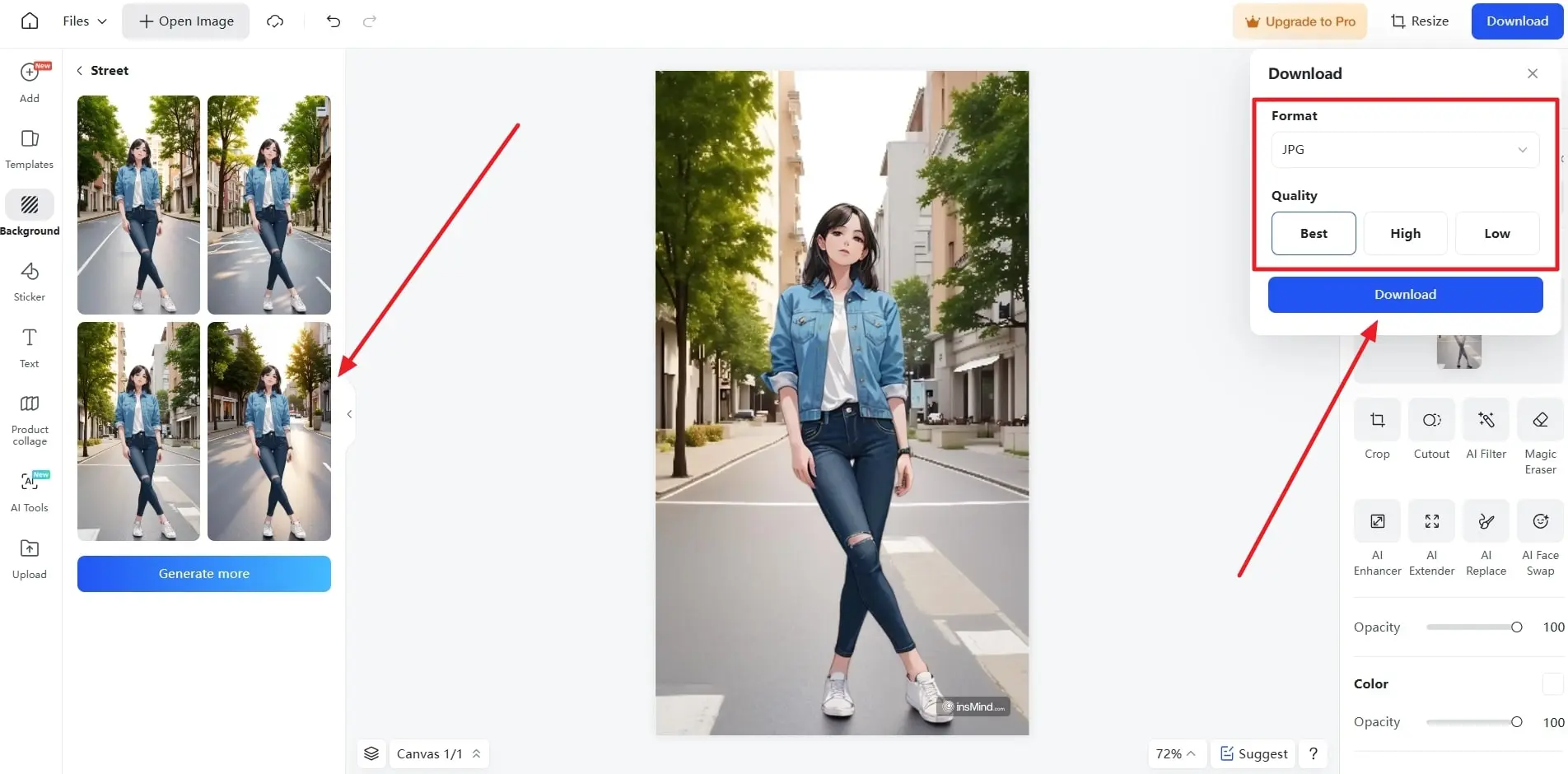 Downloading the final image with background on insMind