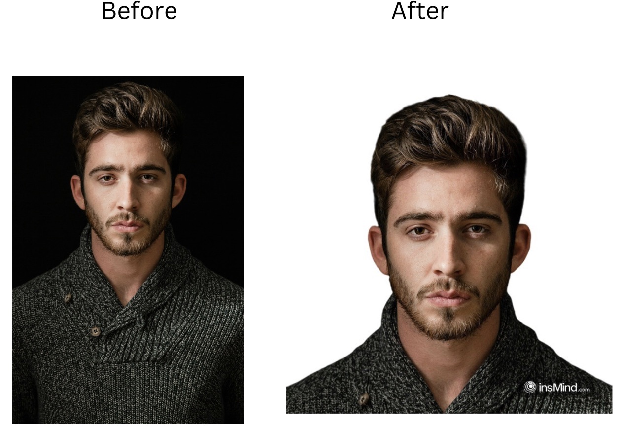 Demonstration image showing a photo before and after using the insMind Passport Photo Maker tool