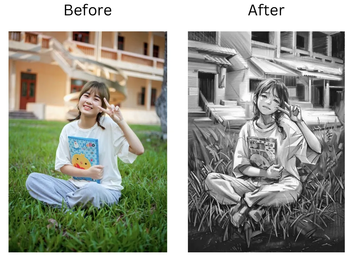 Demonstration image showing a photo before and after using the insMind Photo to Sketch tool