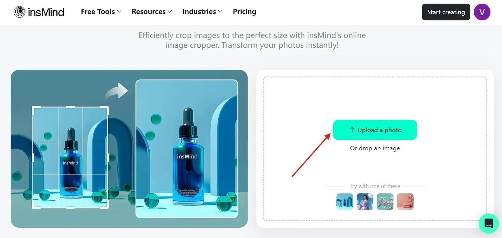 Screenshot demonstrating the process of uploading a photo to the Crop Image Tool in insMind