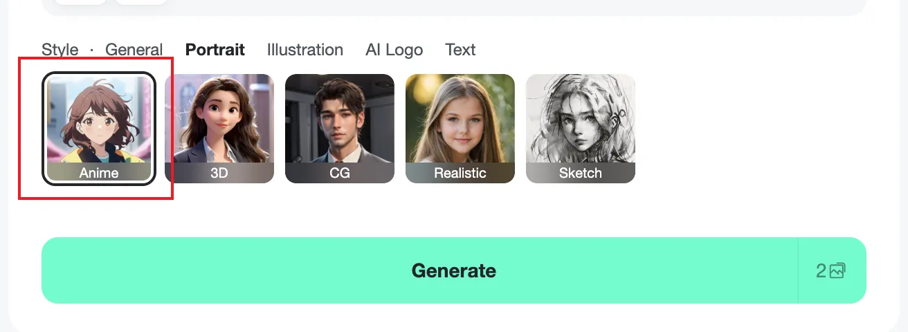 Select your preferred avatar style and click “Generate” to create your VTuber avatar. Screenshot of the VTuber Maker interface with style options (CG, 3D, anime) and the “Generate” button highlighted.