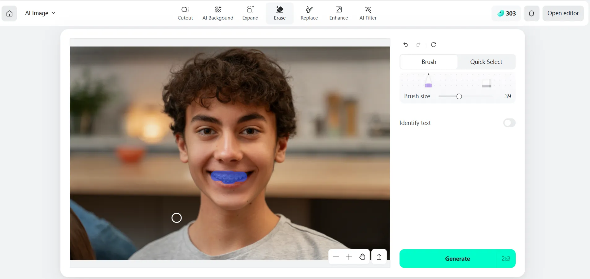  An image showing how to mark the area for the AI 'remove braces' filter.