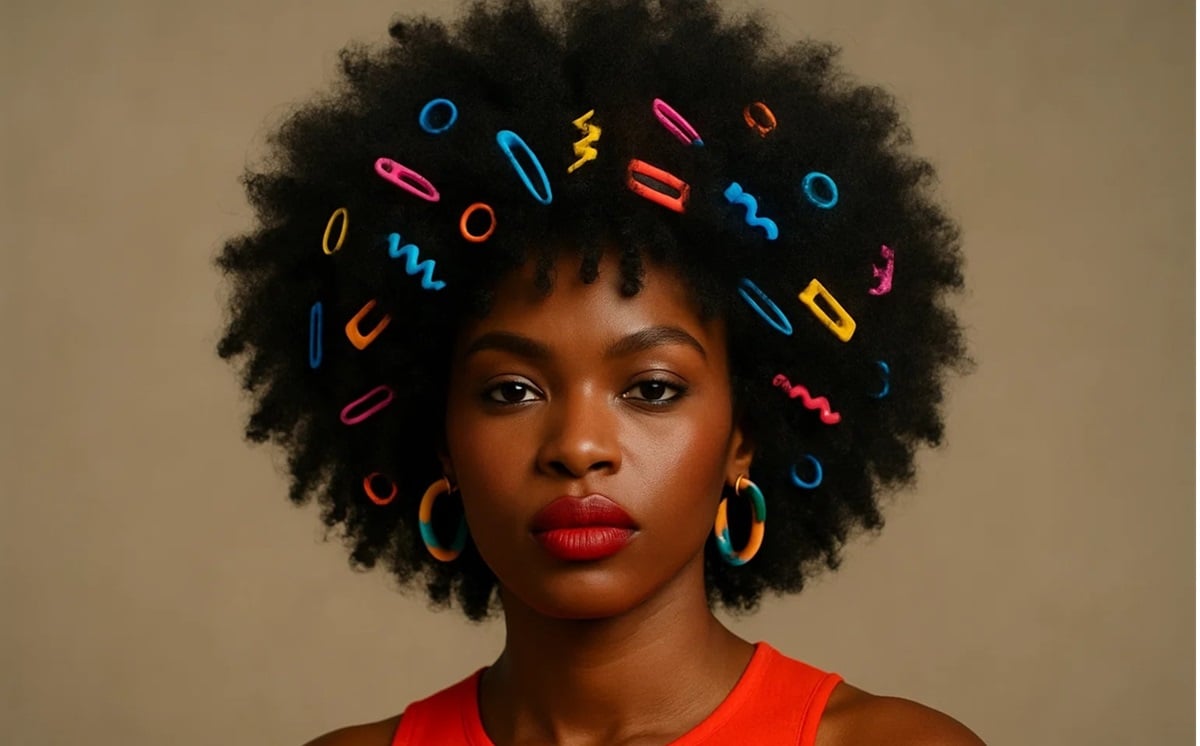 Afro ladies hairstyle with colorful accessories and bold style Explore creative Afro hairstyles for women with vibrant accessories and confident expressions.