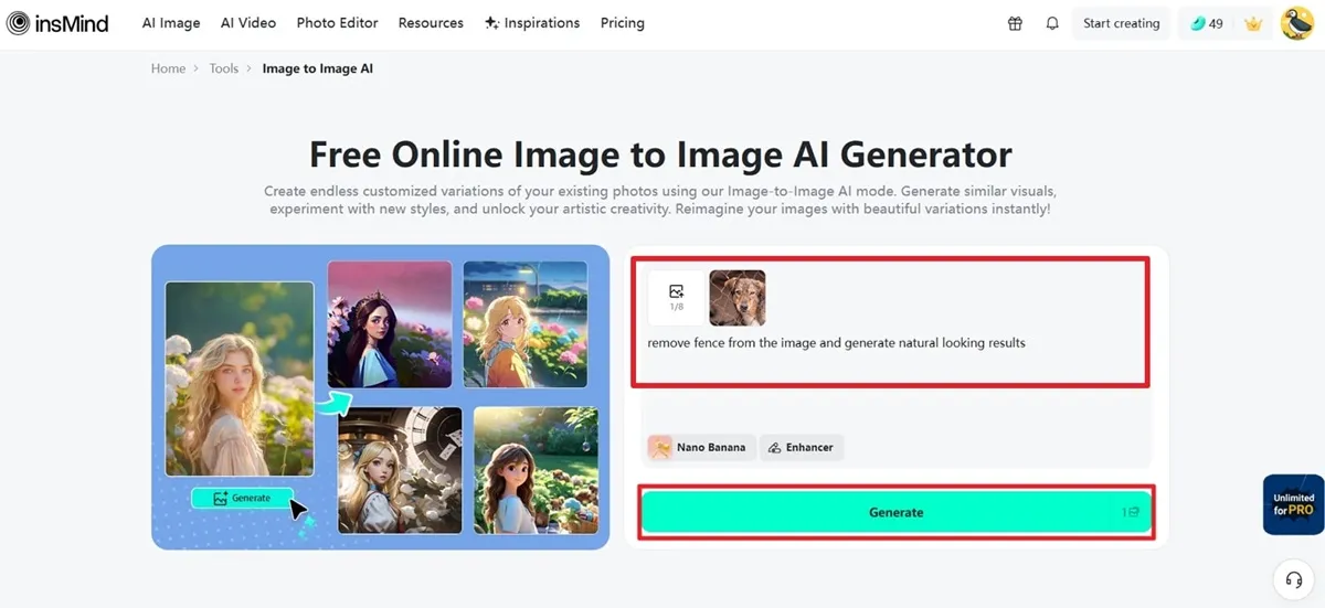 Demonstrates uploading a picture and entering a prompt to get rid of the fence from the photo using AI.