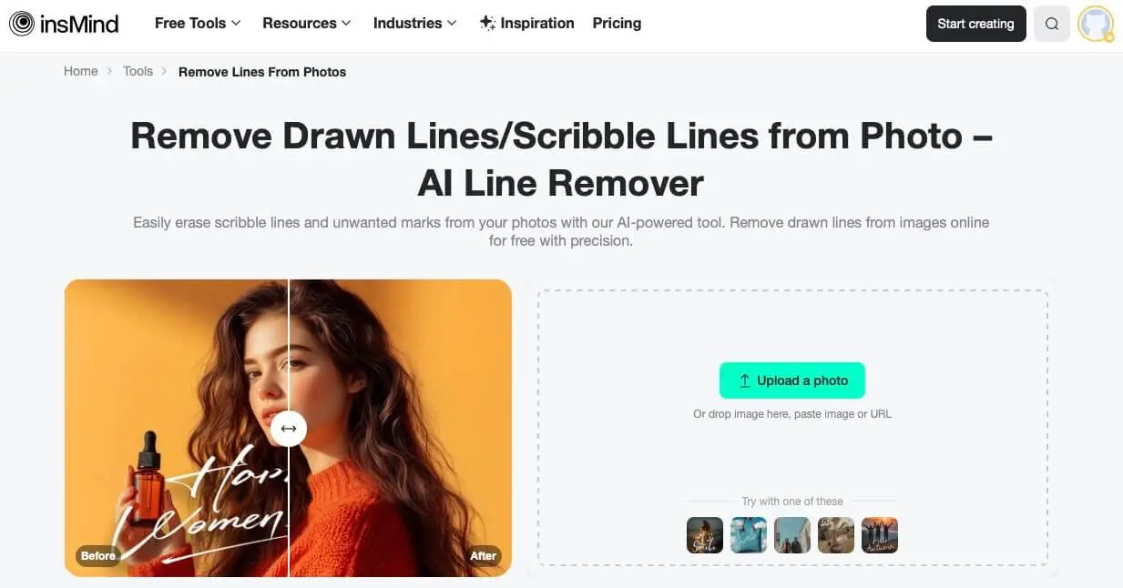 Start removing drawn lines using insMind’s photo editing tool.