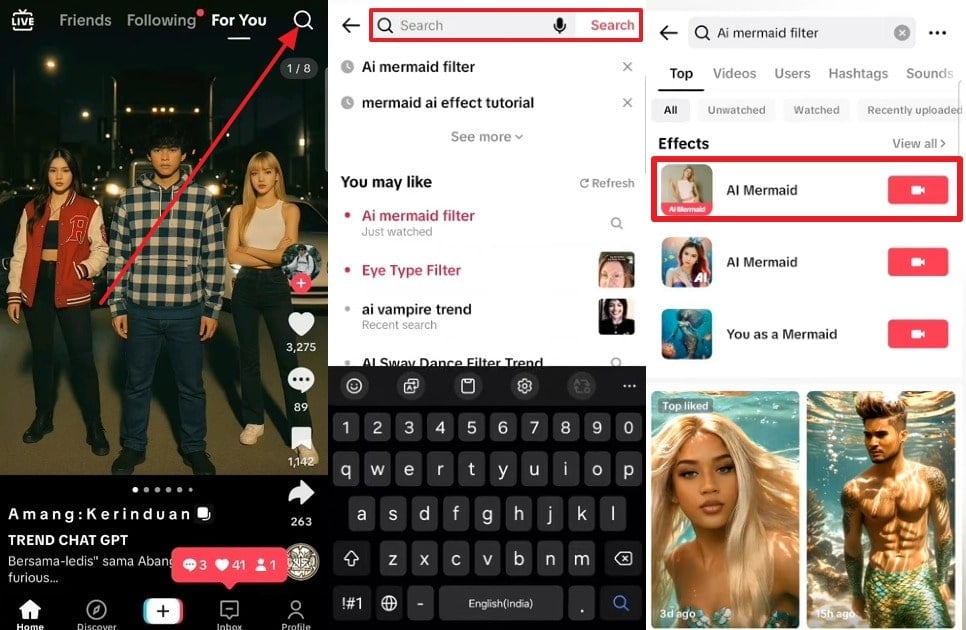 Click Search Icon on TikTok to Use AI Mermaid Filter