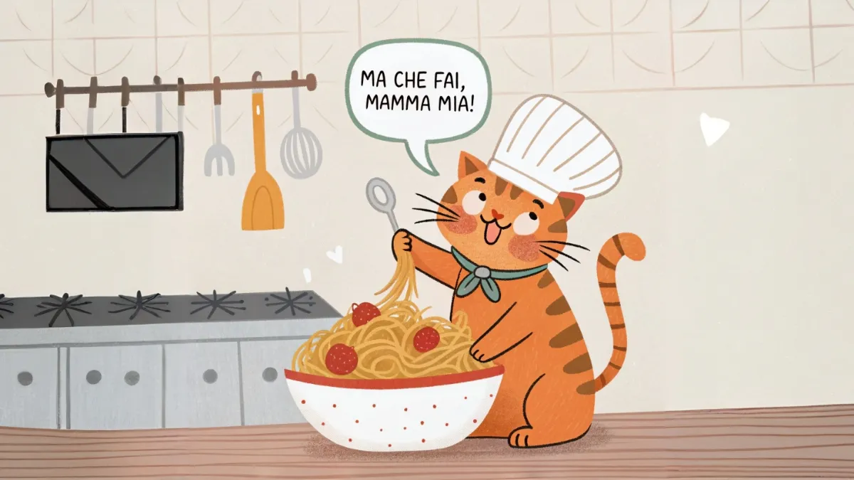 orange cat wearing a chef’s hat with a big bowl of spaghetti