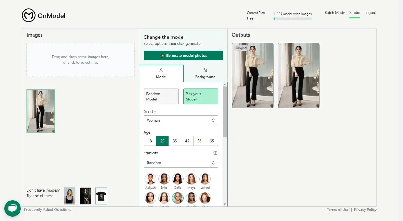 Screeshot of the design interface of OnModel.ai's AI Clothing Model