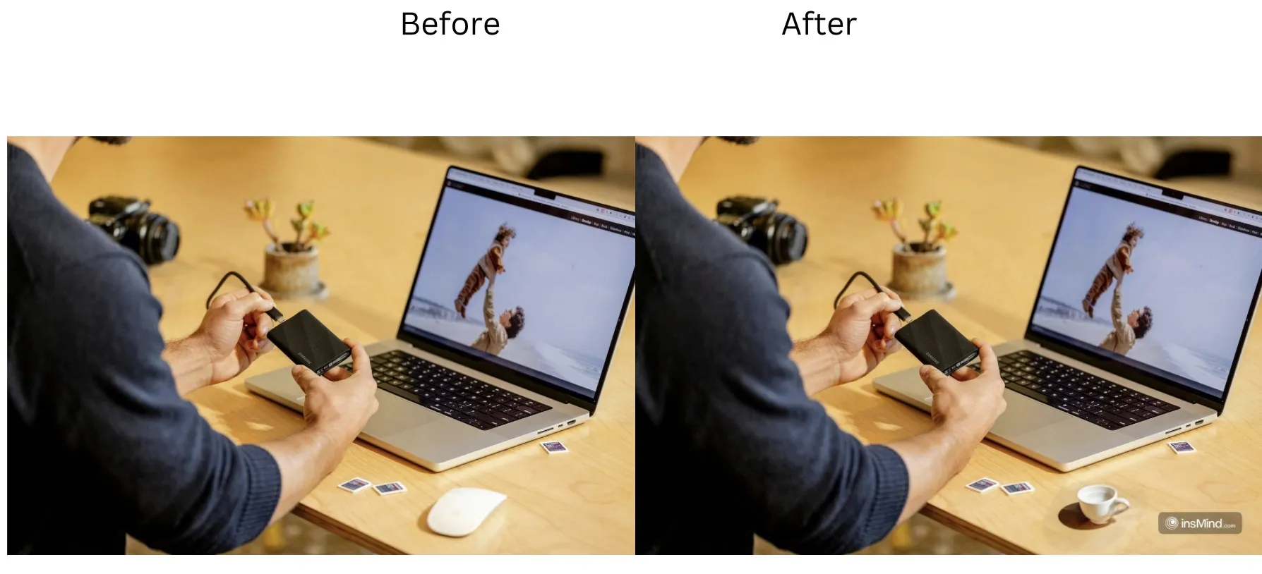 Demonstration image showing a photo before and after replacing an object using the insMind tool