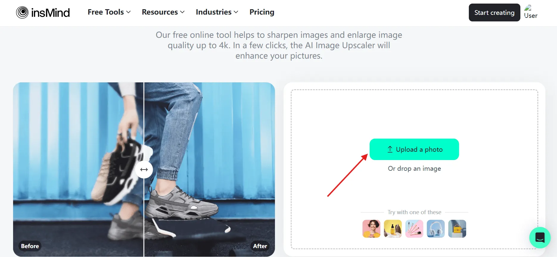 upload your photo to insMind AI Image Upscaler