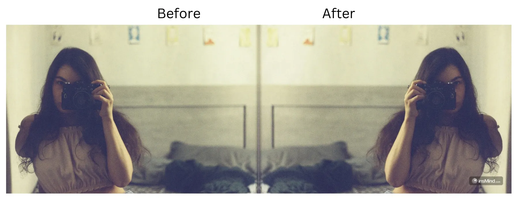 Demonstration image showing a photo before and after mirroring image using the insMind tool