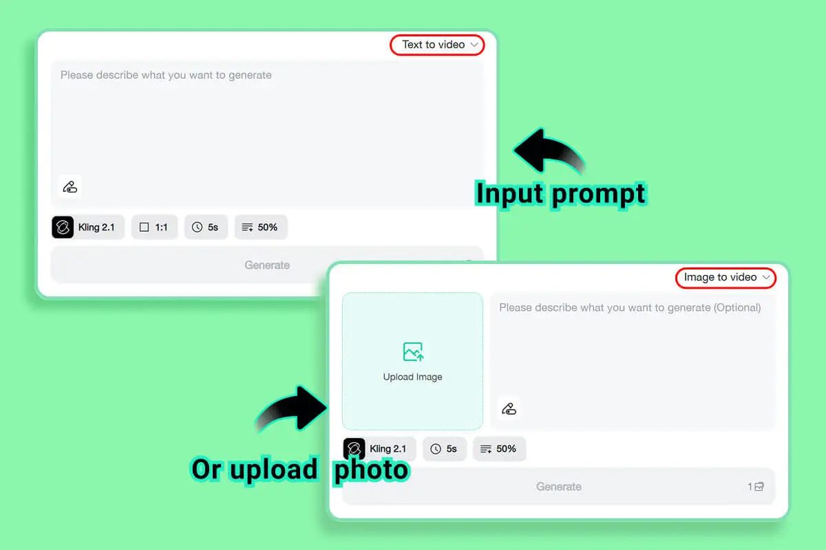 Input text or upload your image to start generating AI videos.