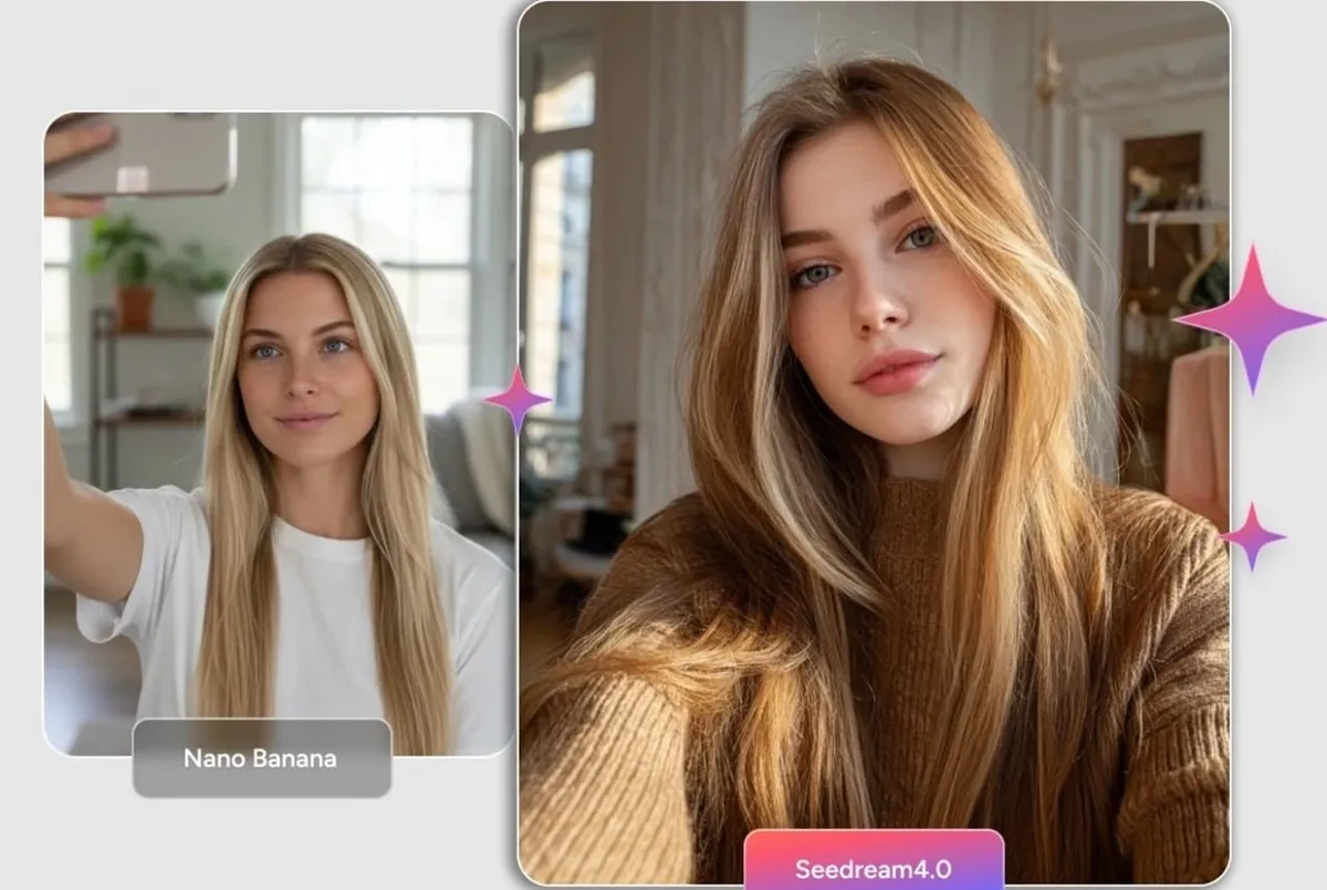Visual reference comparing character consistency strengths between Nano Banana and Seedream 4.0.