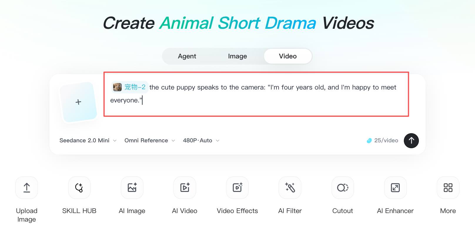 User uploads an animal photo and writes a talking video prompt.