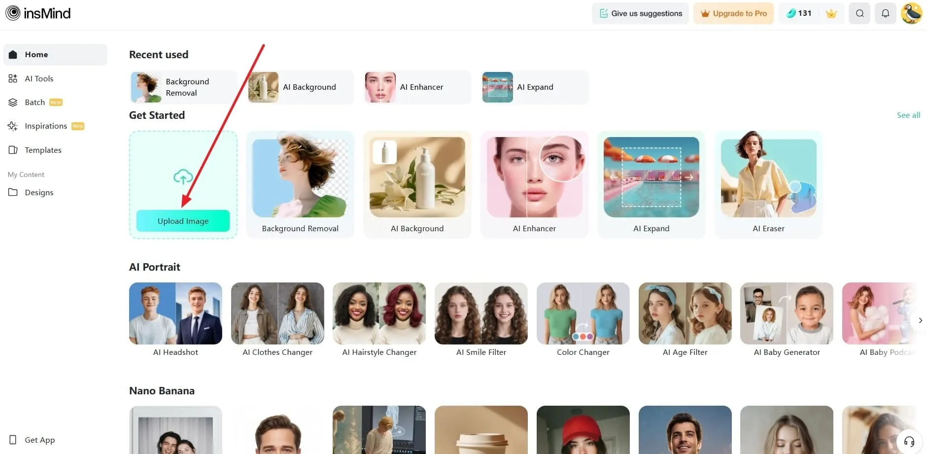 An image of the upload interface on insMind