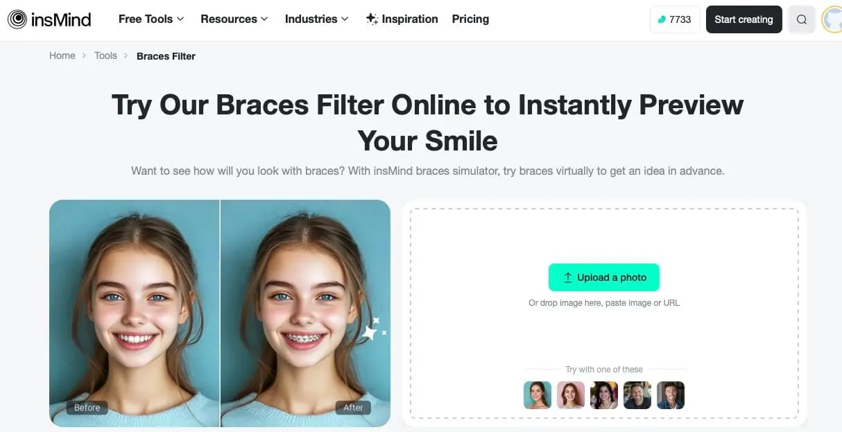 Instantly preview your braces look using insMind's braces filter.