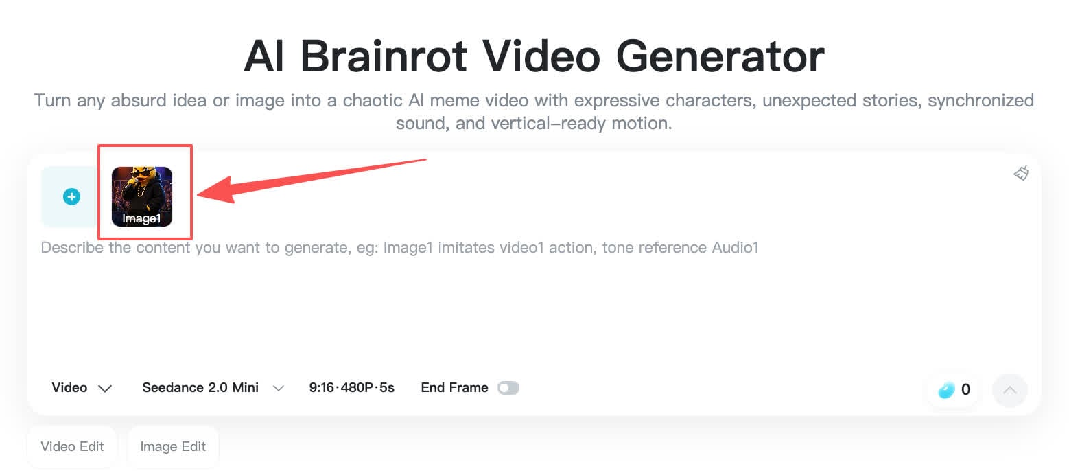 Add Brainrot Image Brainrot generator showing an uploaded duck character image.