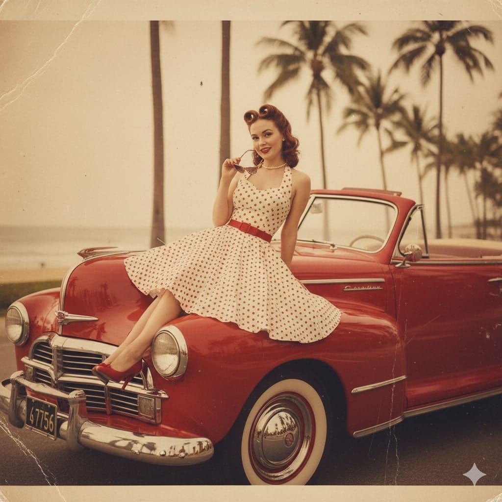 woman in vintage polka dot dress