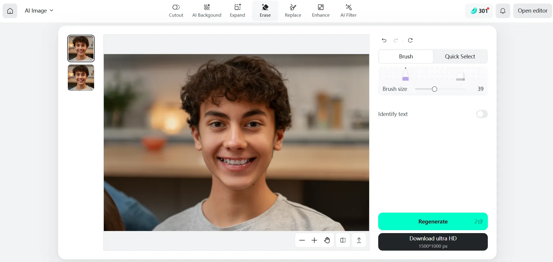 An image showing the AI result of removing braces from a photo in seconds.