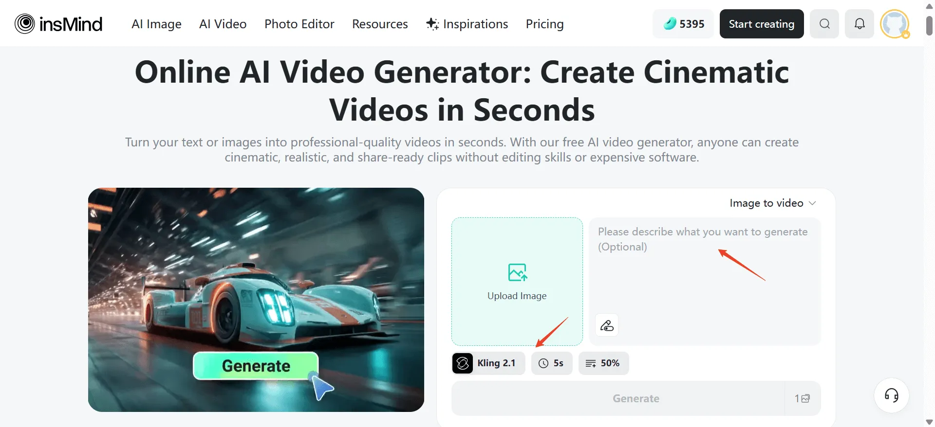 Add a prompt, select video mode, and adjust settings for personalized AI videos.