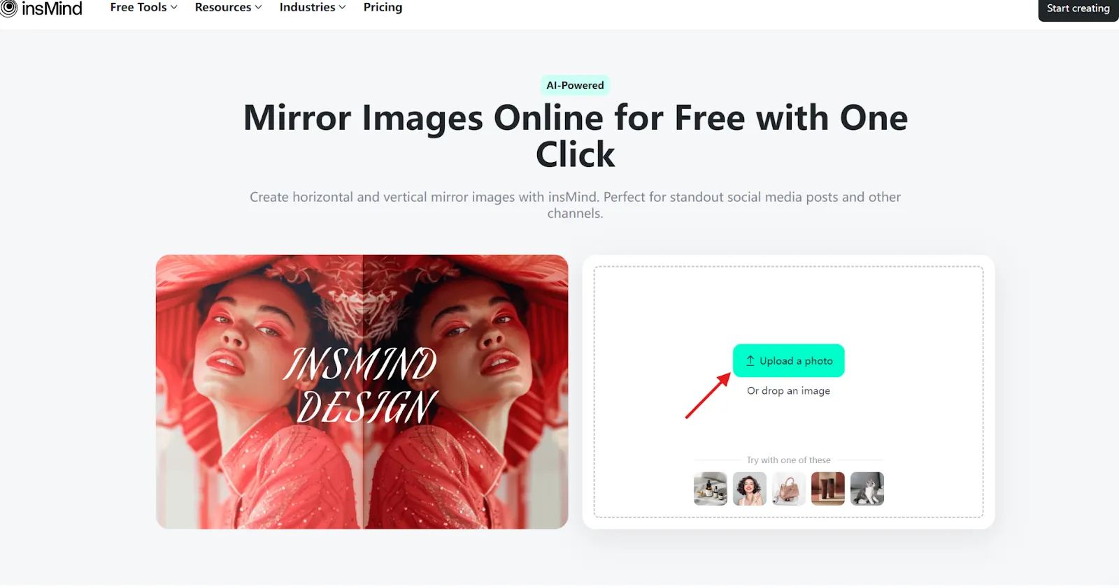 Screenshot demonstrating the process of uploading a photo to theMirror Image Tool in insMind