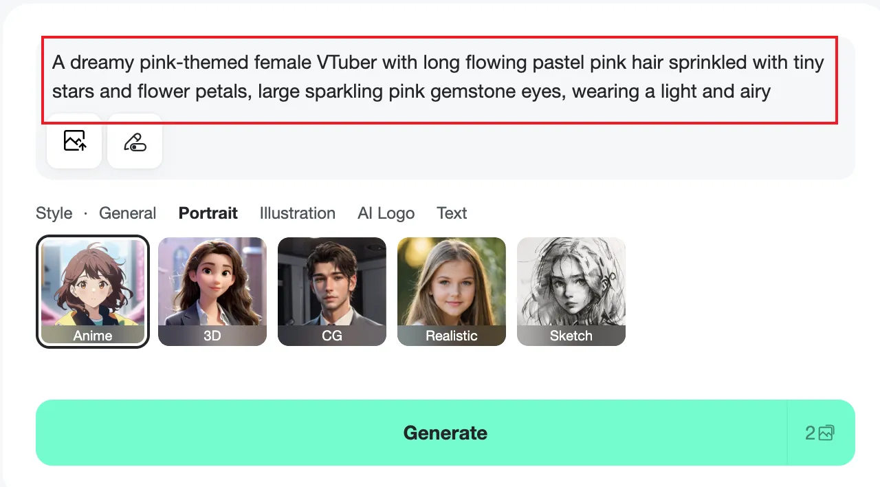 Enter your avatar details, including style, personality traits, and any reference images. User typing a detailed prompt into the insMind VTuber Maker, describing the avatar’s appearance, style, and personality.