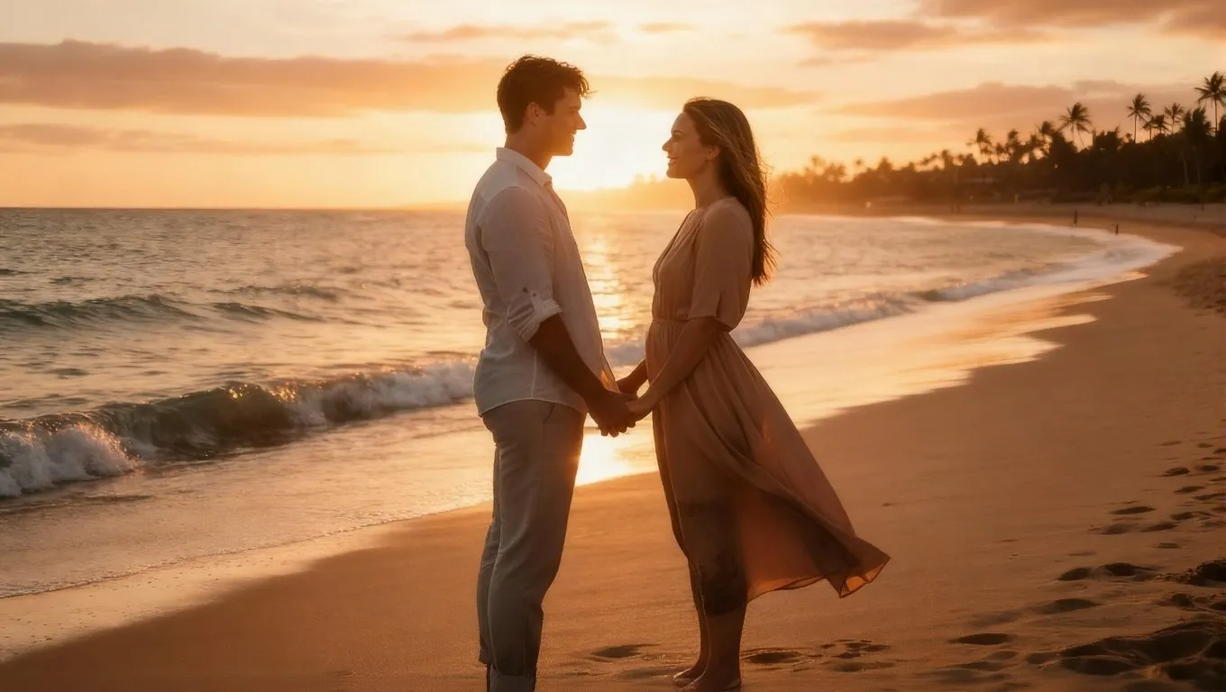 Generate a romantic couple portrait using the put 2 people in one photo AI feature for blended results.