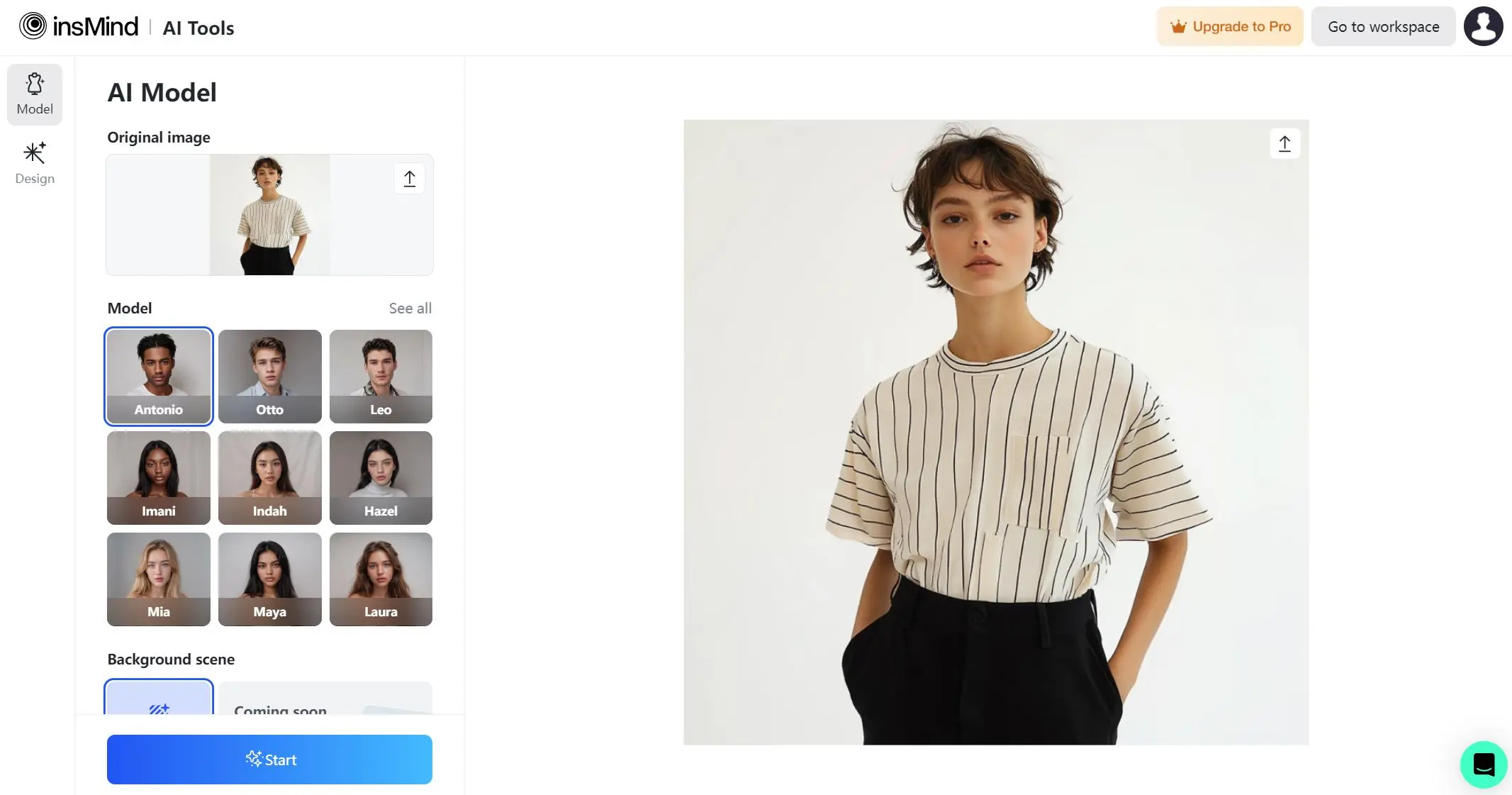 Upload a photo on insMind's AI Clothing Model to begin the creation