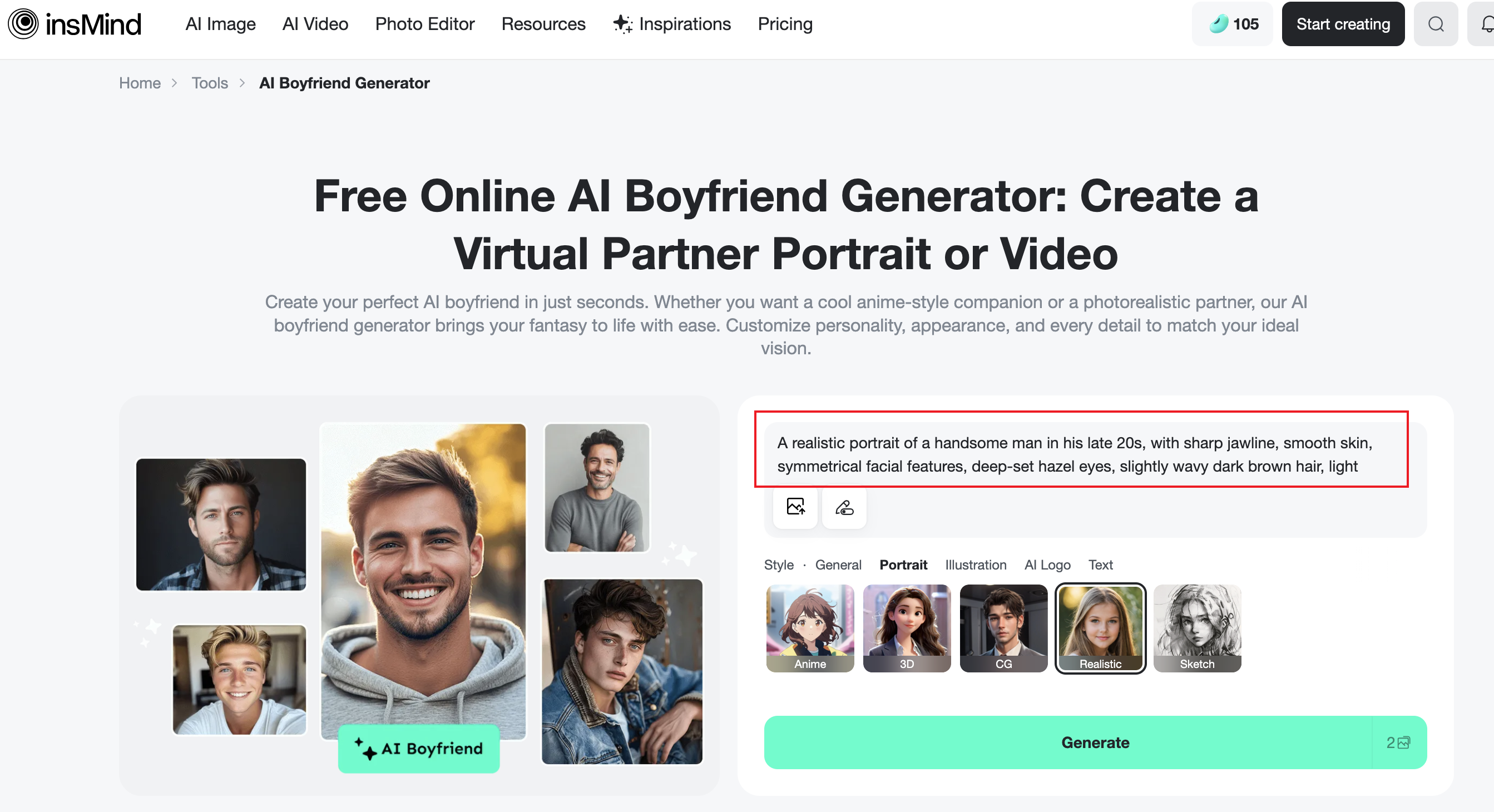 Screenshot of insMind’s AI Boyfriend Generator showing the step to describe and upload a reference photo.