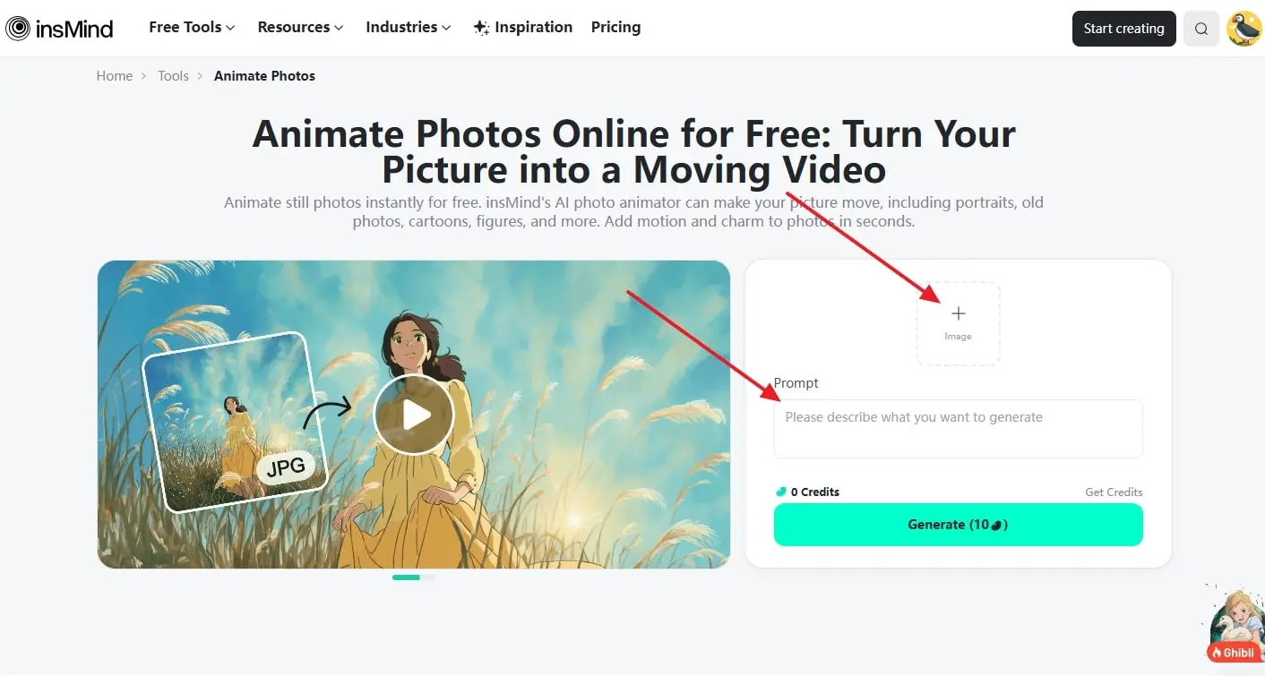 Upload image and enter prompt for animating photo