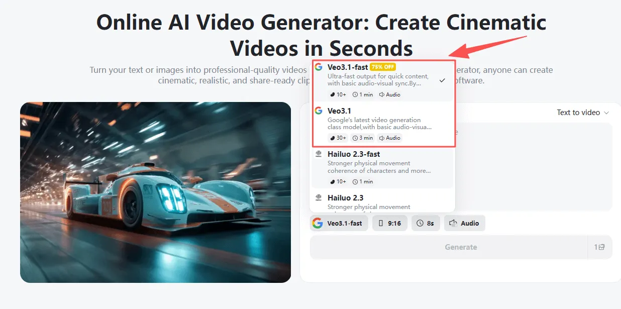 Select your preferred model for video creationon insMind.