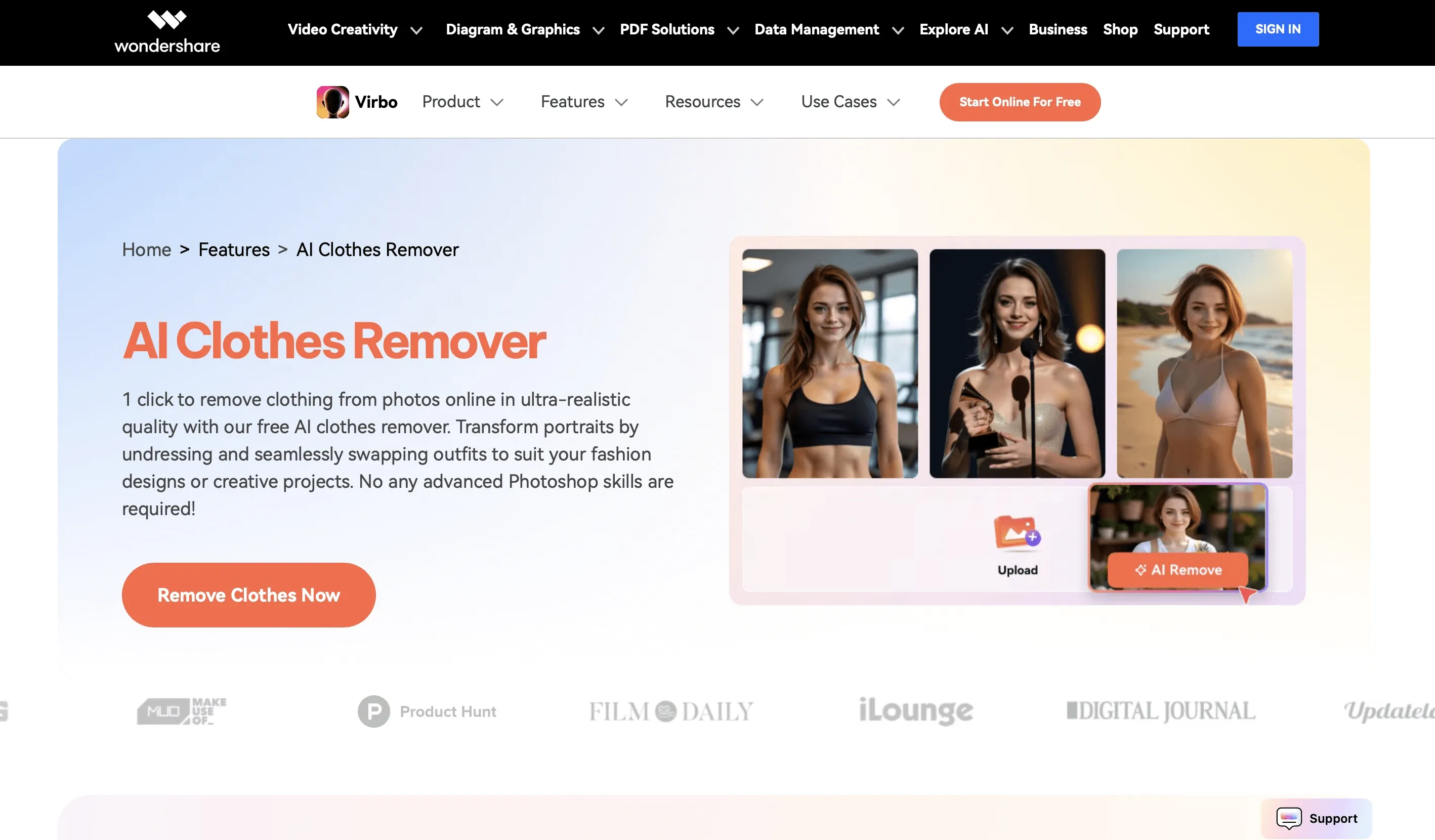 Efficient tool for removing clothes and adding custom outfits with occasional premium limitations.