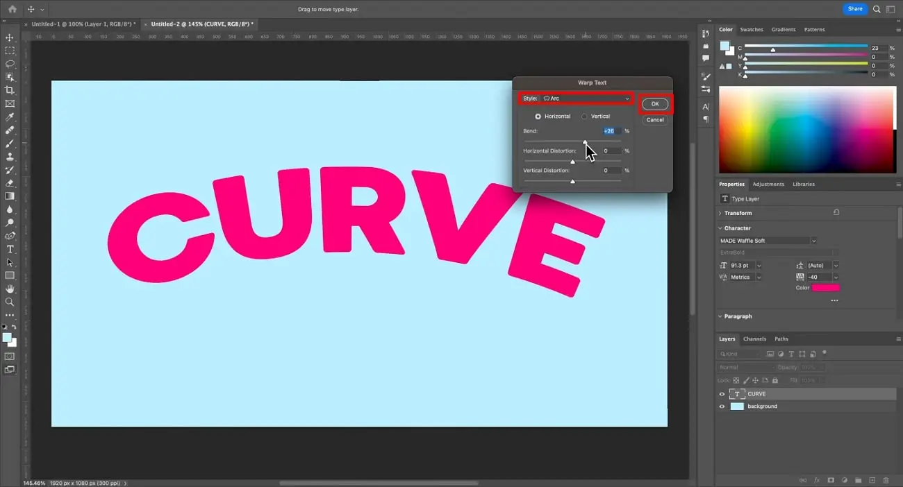 Choose style and arc from the wrap text menu - How to Curve Text