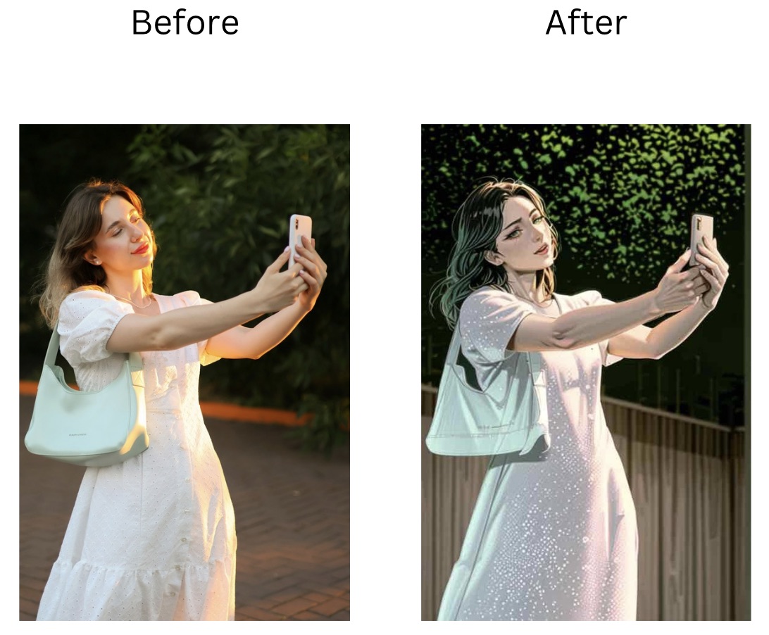 Demonstration image showing a photo before and after adding filter for Professional Uses using the insMind tool