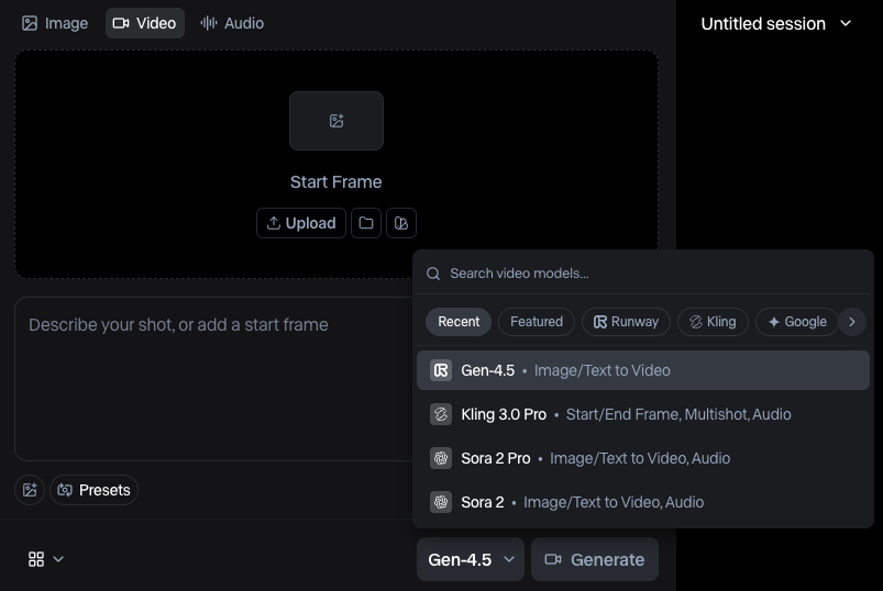 Runway Gen-4.5 video input screen