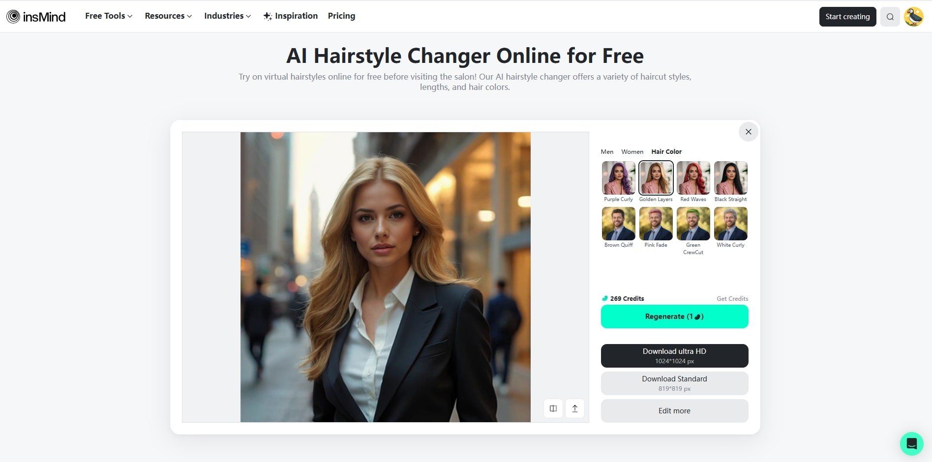 insMind's hairstyle changer 