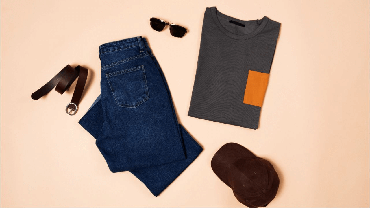 A flat lay shot of a t-shirt, jeans, belt, hat, and a pair of sunglasses. 