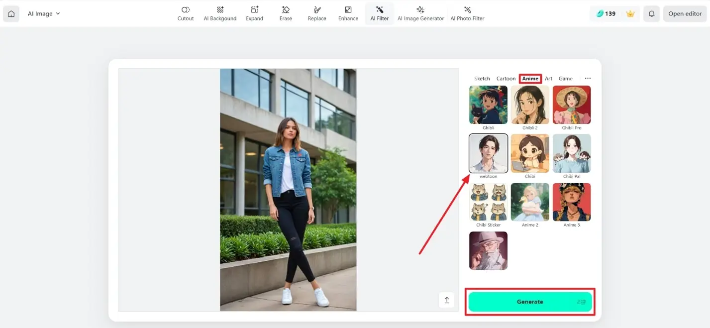 Selecting an AI filter on insMind AI Photo Filter Tool 