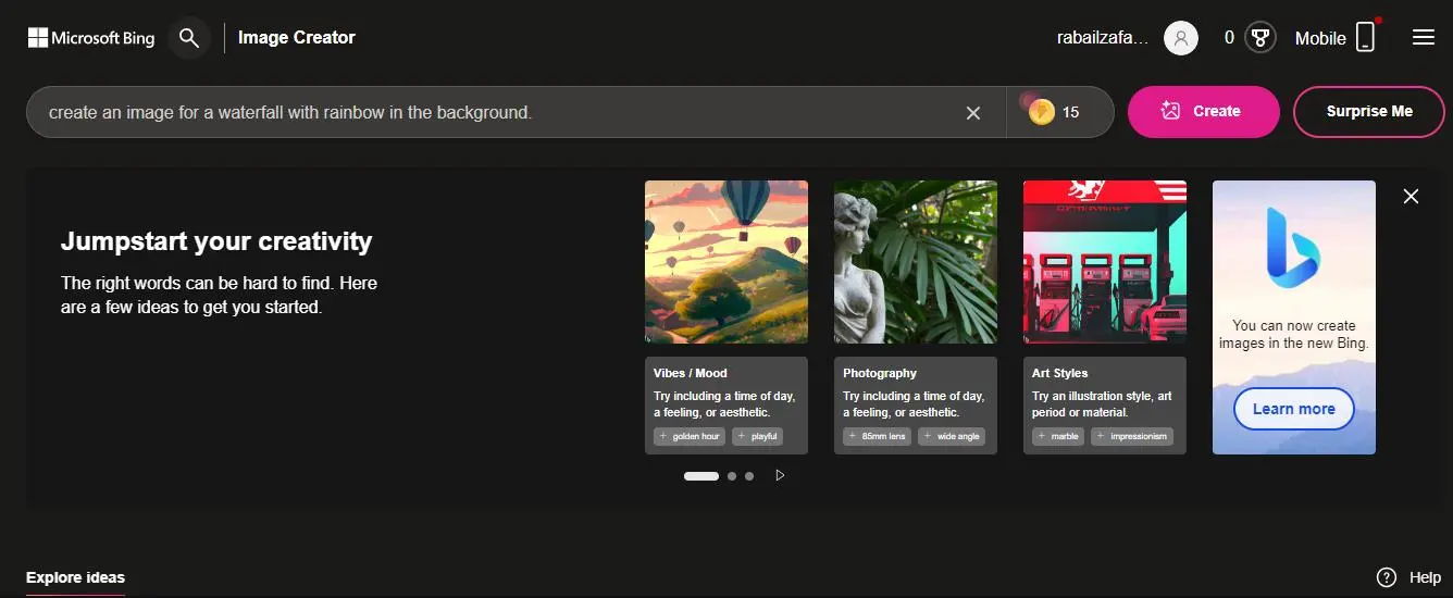 Screenshot of Bing image creator - Midjourney alternative