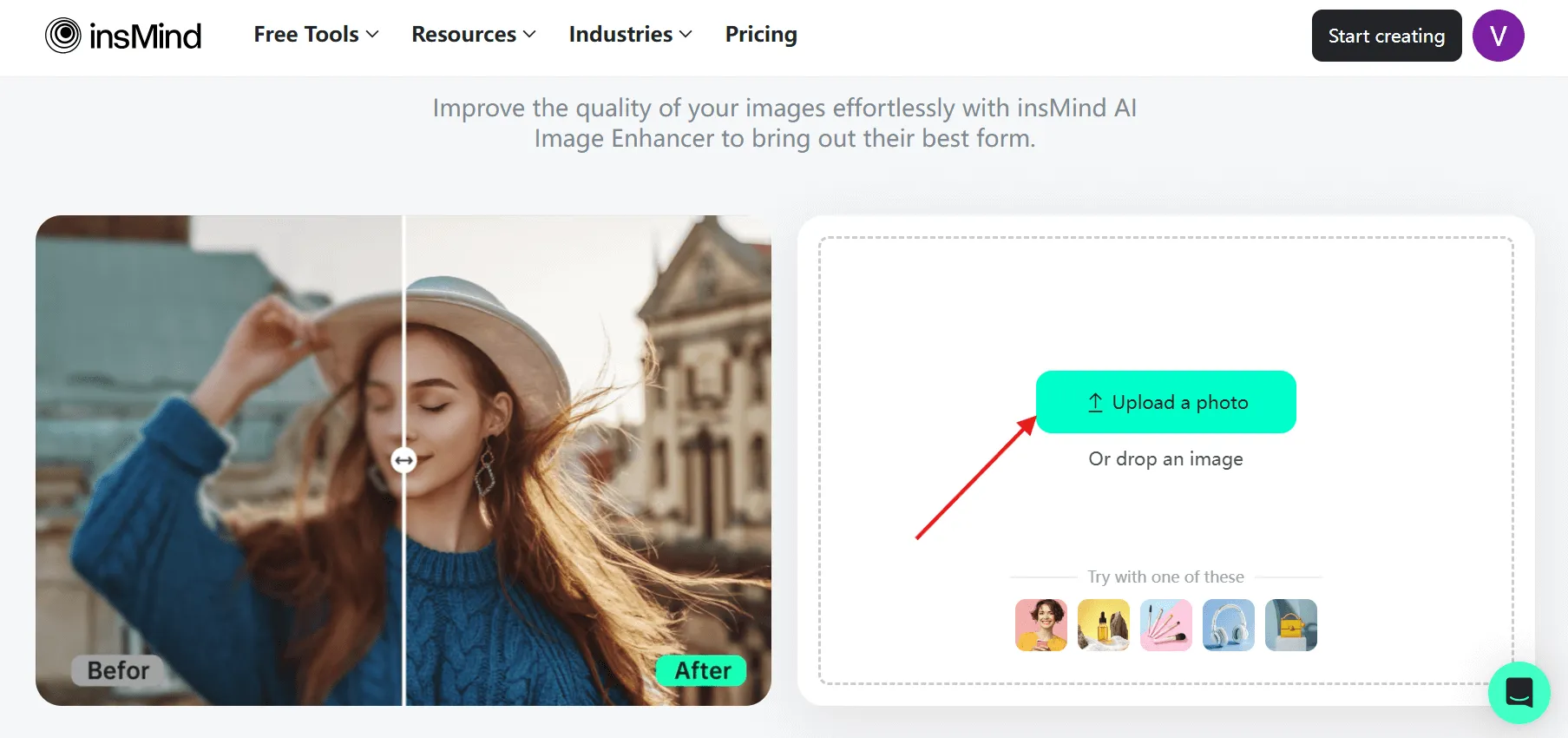 upload your photo to insMind AI Image Enhancer