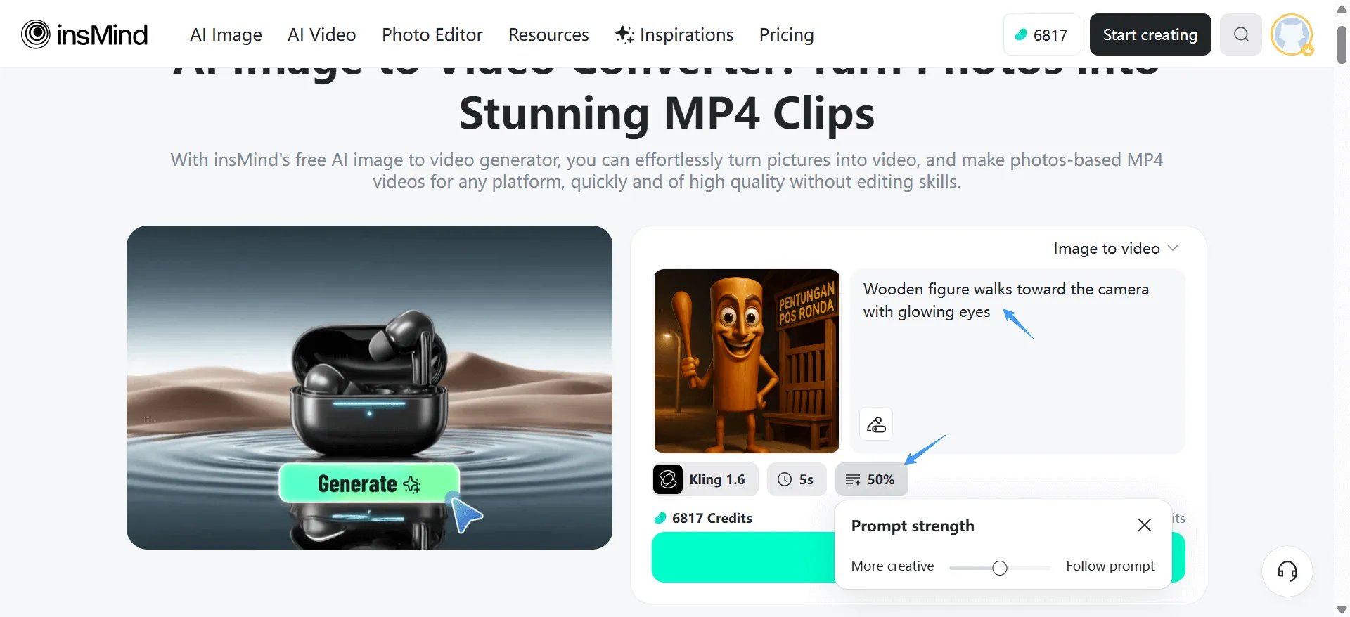 Enter your prompt, then customize video style, length, and animation strength.