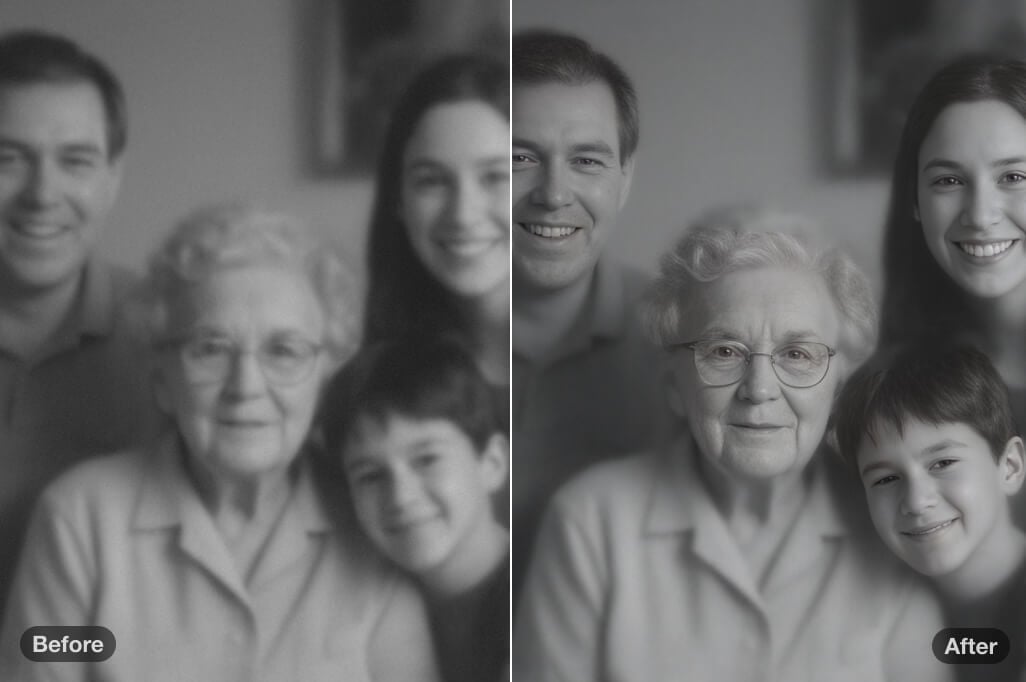 Enhance vintage or low-res family pictures with AI for clearer details.