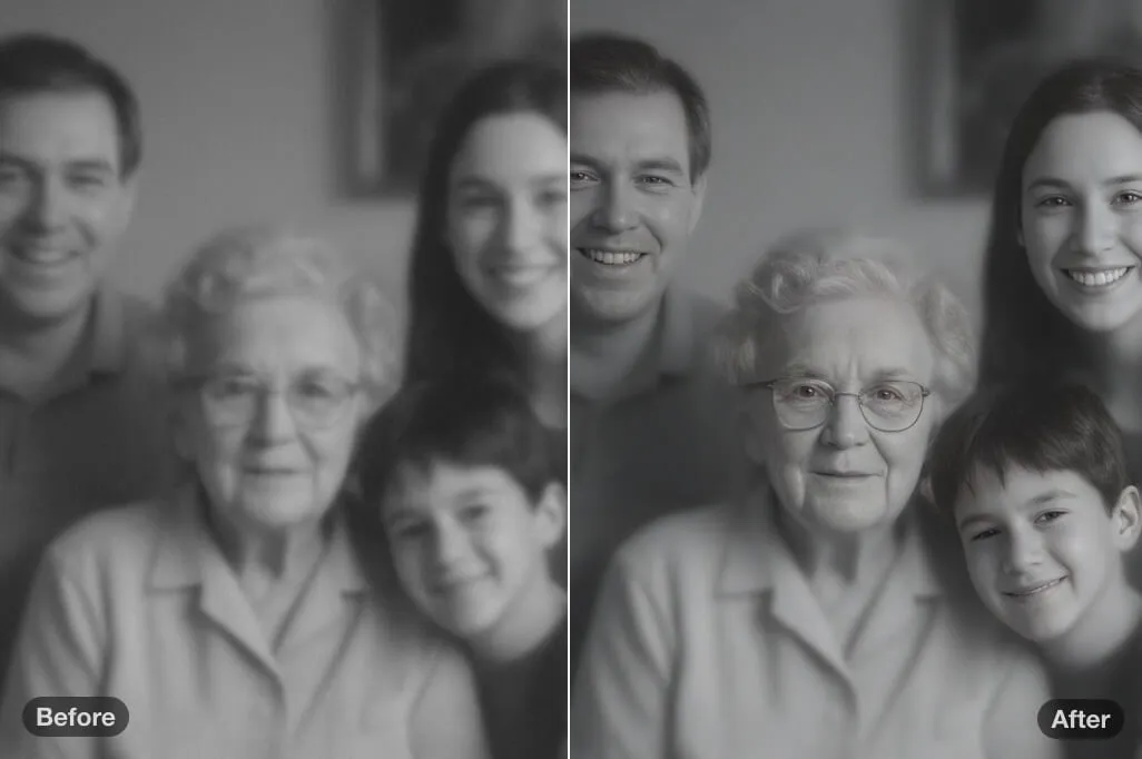 Enhance vintage or low-res family pictures with AI for clearer details.