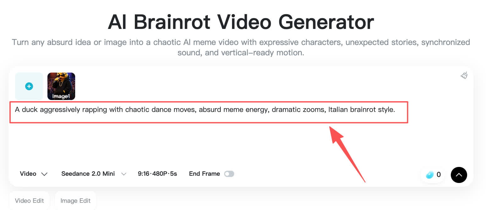 Describe Brainrot Meme Prompt field describing chaotic duck rapper motion and style.