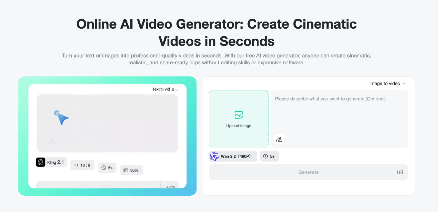 Displaying insMind’s AI video generator interface for seamless text and image-to-video creation.